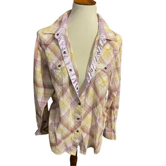 Wrangler Ultra 20X Fit Plaid Multi-Color Button Down Snap Jewel Buttons w/ Laven - Picture 5 of 16